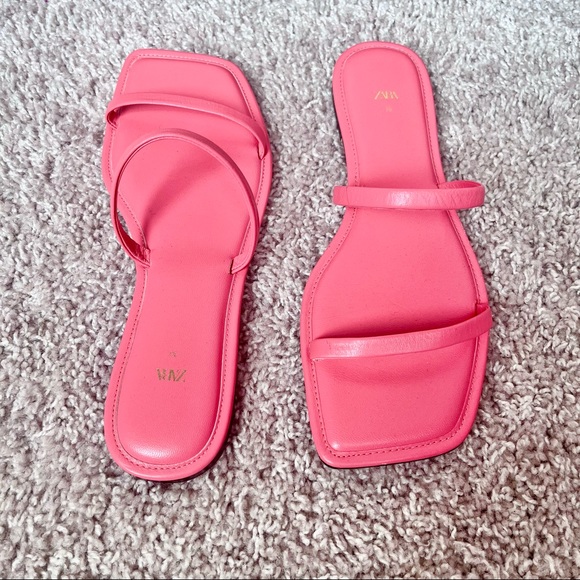 Zara Pink Square Toe Leather Slide Sandals